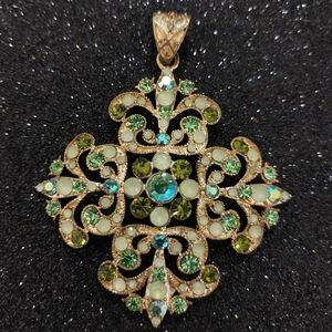 Vintage Maltese Style Green Iridescent Rhinestone Pendant